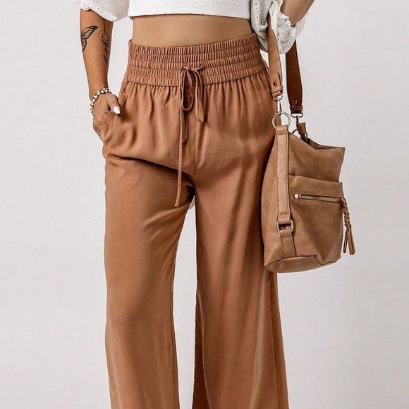 Brown Preppy Womens Drawstring Waist Wide Leg Pants - Picture 5 of 6